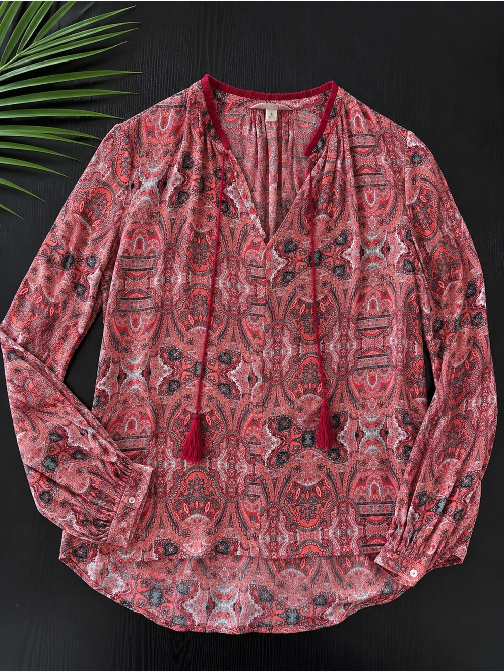 Lucky Brand Coral Paisley Boho Peasant Blouse Tassel Tie Fringe Trim Size Small